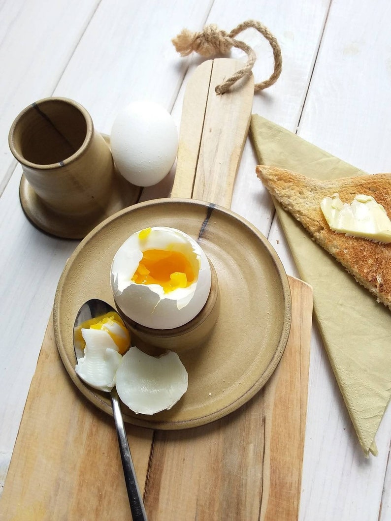 Ceramic Egg Cup with or without attached plate, Modern Beige Egg Holder, Soft Boiled Egg Holder image 1