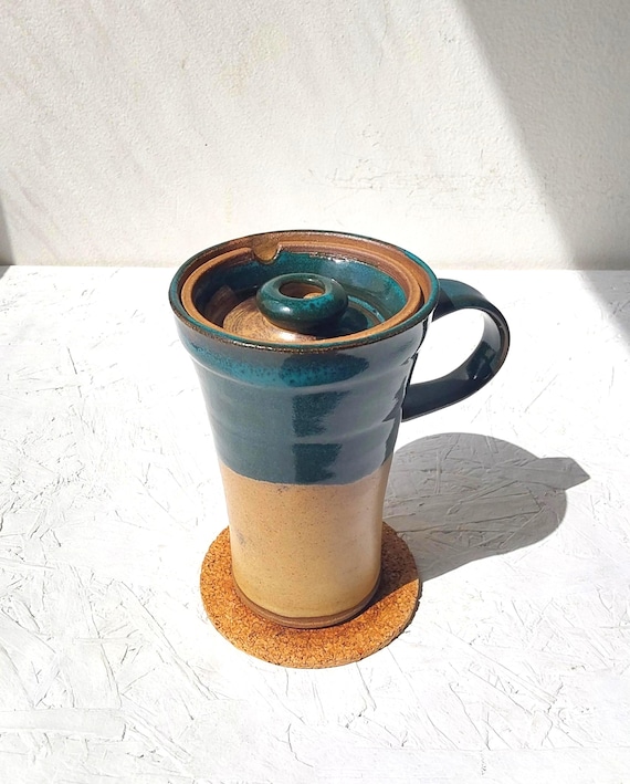 10 or 16 fl. oz. Tall Ceramic Travel Mug, 300 ml or 475 ml Beige and Teal  Travel Mug With Ceramic Lid and Handle