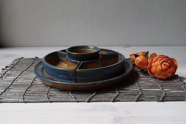 Poterie Moderne, Relish Plat Ensemble, Céramique Bleue Servant Ensemble de 5 Plats, Plats en Snack, 