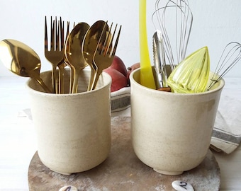 Beige Kitchen Utensil Holder, Speckled Stoneware Kitchen Crock