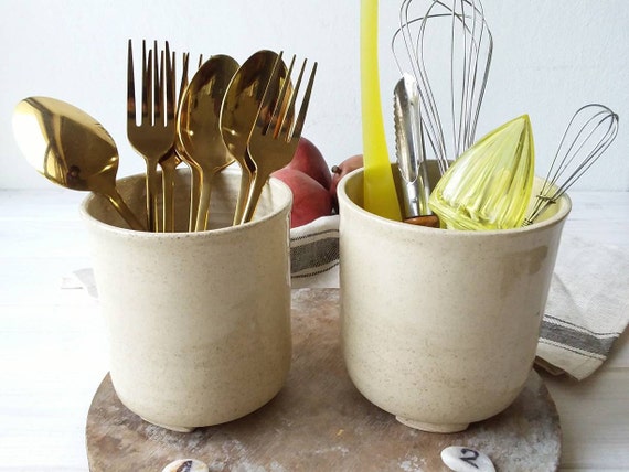 Beige Kitchen Utensil Holder, Speckled Stoneware Kitchen Crock 