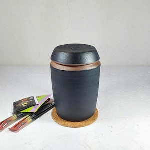 Tall Black Ceramic Storage Jar, Pottery Honey Pot,  Black Tea Caddy, Black Container w Lid, Lidded Ceramic Canister, Tan Condiment Jar