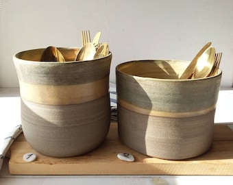 Portautensili da cucina XL grigio e beige, grande contenitore da cucina in gres grigio