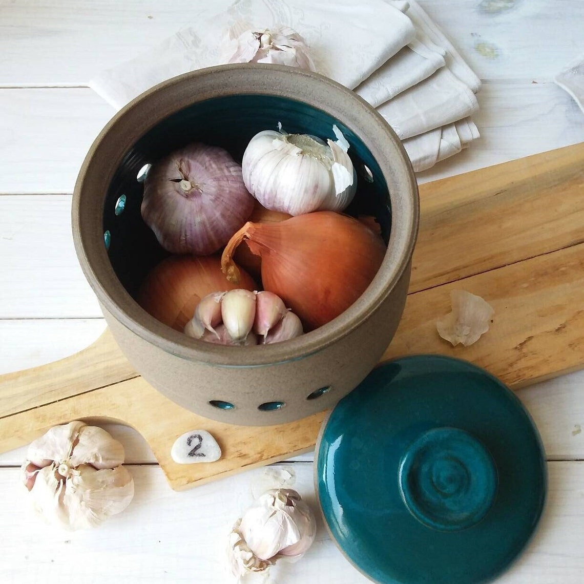 Large Ceramic Garlic or Onion Keeper Turquoise & Gray Potato Etsy