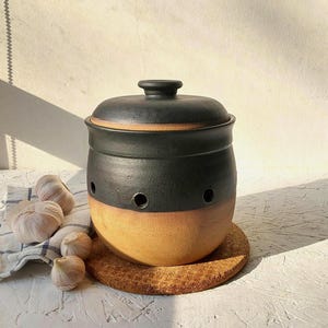 Large Ceramic Garlic or Onion Keeper, Black and Tan Potato or Onion Storage Container, Black Handmade Garlic Crock