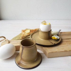 Ceramic Egg Cup with or without attached plate, Modern Beige Egg Holder, Soft Boiled Egg Holder image 4