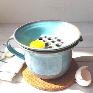 Separador de yemas y claras de huevo azul claro, separador de huevos de cerámica y juego de bol para mezclar