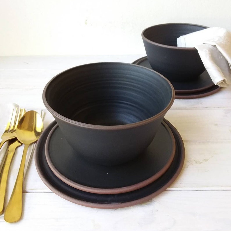 Black Stoneware Dinner Set, THREE PIECE Terracotta Clay Dinner Set image 3