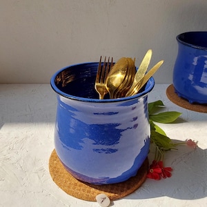 XL Navy Blue and Black Kitchen Utensil Holder, Large Dark Blue Stoneware Kitchen Crock, 6&quot; Tall Utensil Crock