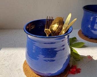 XL Navy Blue and Black Kitchen Utensil Holder, Large Dark Blue Stoneware Kitchen Crock, 6" Tall Handmade Utensil Crock