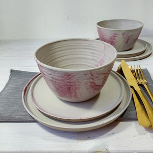 Vajilla gris y cerezo hecha a mano de TRES PIEZAS, juego de cerámica gris claro de plato principal y plato lateral y tazón