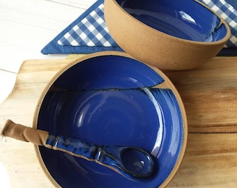Blue Ceramic Bowls, SET of TWO Bowls and TEASPOON, Blue Pottery, Nested Bowls, Small Bowl Set, Pottery Bowl, Blue Serving Bowls