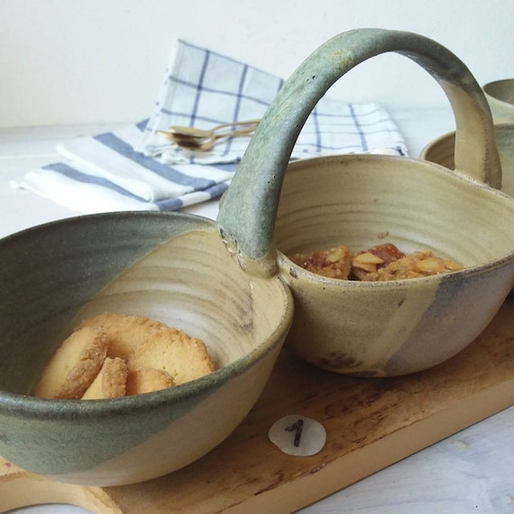 Keramik-Steingut-Servierschüssel-Set, 3 verbundene Keramikschüsseln mit Griff, dreifaches Gewürz-Töpferschalen-Set