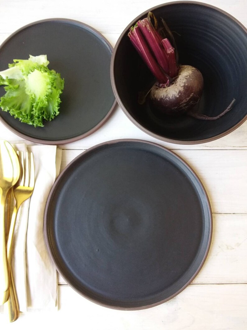 Black Stoneware Dinner Set, THREE PIECE Terracotta Clay Dinner Set image 9