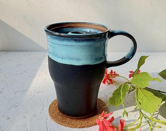12 fl. oz. Tall Blue and Black Ceramic Travel Mug, 350 ml Black and Blue Travel Mug With Ceramic Lid and Handle
