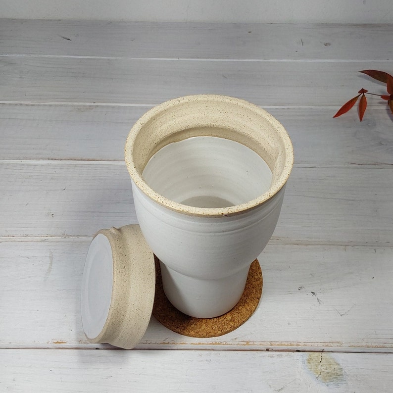 13.5 fl. oz. Tall White Ceramic Travel Mug, 400 ml White and Beige Travel Mug With Ceramic Lid image 4