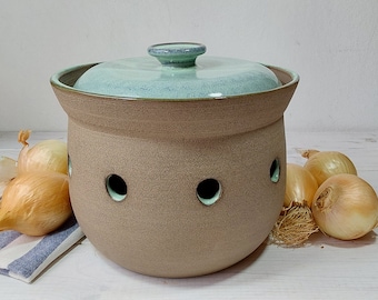 3XL Ceramic Potato or Onion Keeper, 9" Green Gray Potato or Onion Storage Container