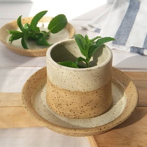 Stoneware Cappuccino Mug, Pottery Espresso Mug & Plate Set, 6 Fl. Oz. Ceramic Coffee Cup and Plate