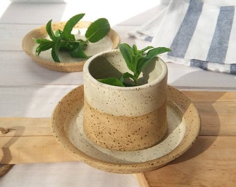 Stoneware Cappuccino Mug, Pottery Espresso Mug & Plate Set, 6 Fl. Oz. Ceramic Coffee Cup and Plate