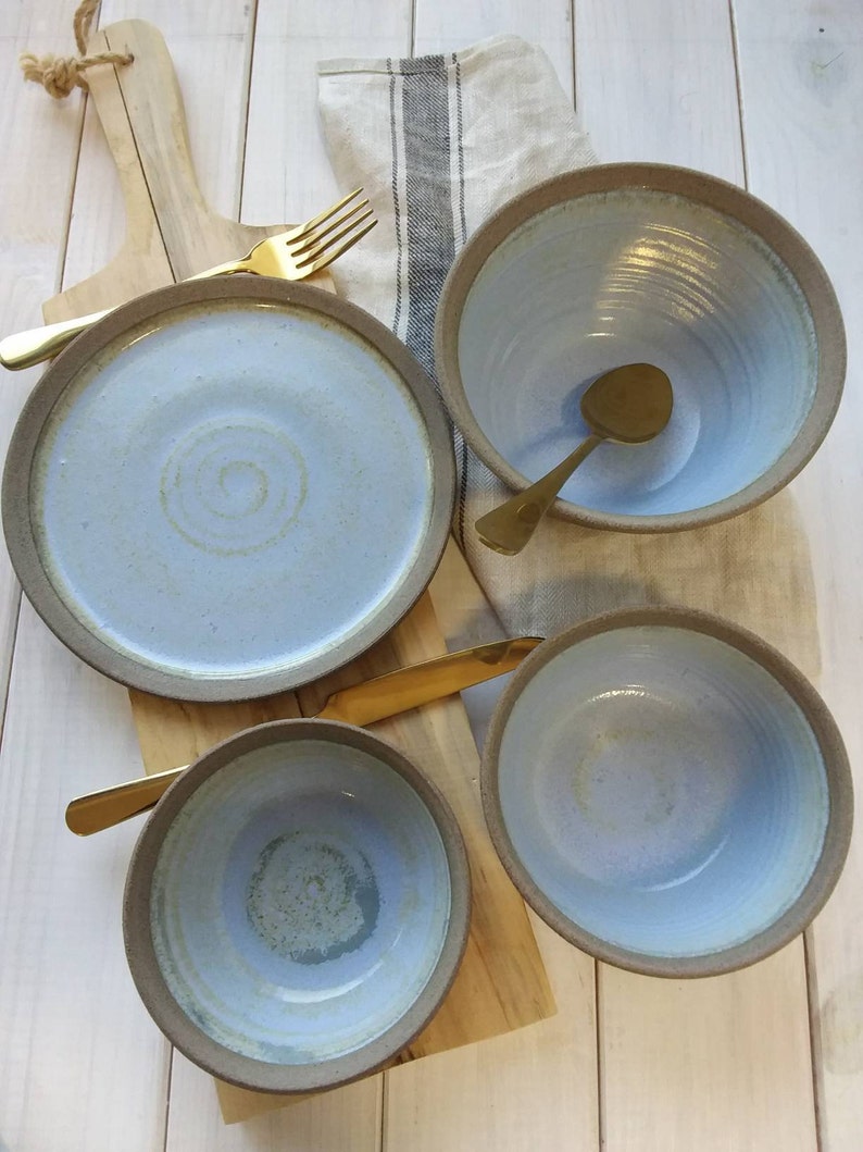 SET OF TWO Handmade Gray Dinner Plates, Light Blue Ceramic Set of Large Main Course And Side Plates image 3