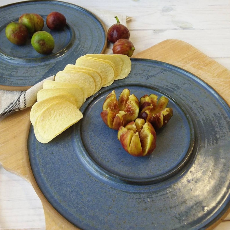 Large 11 Ceramic Serving Platter, Large Blue Pottery Dish with Inner Ring image 5