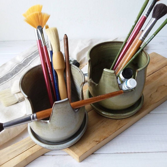 Makeup Brush Holder, Ceramic Brush Holder, Gray Pottery, Green Brush  Storage, Green Pottery, Paint Brush Organizer, Bathroom Bedroom Storage 