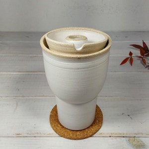13.5 fl. oz. Tall White Ceramic Travel Mug, 400 ml White and Beige Travel Mug With Ceramic Lid image 7