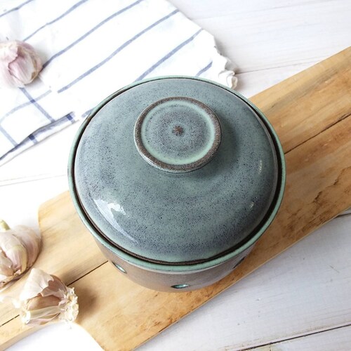 Small Ceramic Garlic Keeper, Green Gray shops Stoneware Storage Container