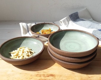 SET of TWO or THREE Tapas Bowls, Green and Brown Pottery Tapas Bowls, Green Ceramic Bowl Set, Atlantis Blue Jewelry Dish Set