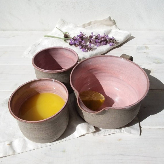 Pink and Gray Ceramic Matcha Bowl With Handle and Spout, Modern