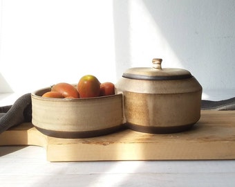 Joined Ceramic Bowls With Lid, Beige and Black Pottery Bowl Set, Chip And Dip Bowls, Double Condiment Set