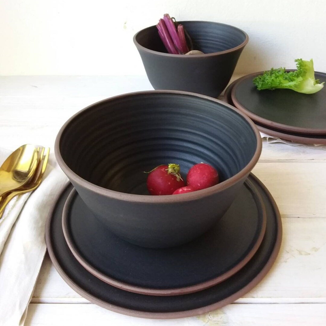 Black Stoneware Dinner Set, THREE PIECE Terracotta Clay Dinner Set Etsy