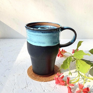 12 fl. oz. Tall Blue and Black Ceramic Travel Mug, 350 ml Black and Blue Travel Mug With Ceramic Lid and Handle