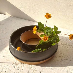 Unique Ikebana Vase, Modern Round Planter, Rustic Ring Plant Pot, Black Donut Planter, Tan Pansy Planter w Plate, Raised Bonsai Pot