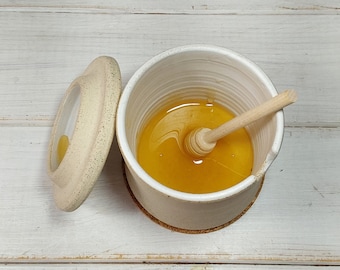 Ceramic Honey Pot, Ceramic Storage Jar, White Condiment Jar, Stoneware Sugar Bowl, Lidded Pottery Container, Beige Jar With Lid
