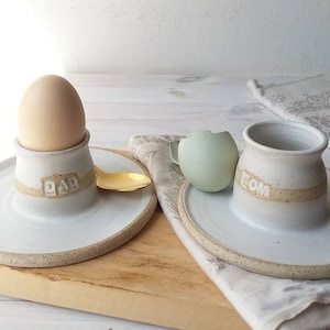 Mom or Dad Ceramic Egg Cup, Pottery Egg Holder, Modern Egg Cup, Customized Egg Cup, Soft Boiled Egg Cup, 3 Minute Egg Cup with Plate