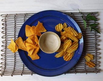 Ceramic Chip And Dip Platter, Ceramic Snack Dish, Blue Serving Platter, Apple And Honey Serving Dish, Jewish New Year Platter, Pottery Bowl