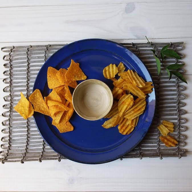 Plateau de Croustilles et Trempette en Céramique, Plat Collation Plateau Service Bleu, Aux Pommes Au