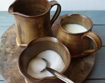 Pottery Creamer Set, Cream And Sugar Set, Ceramic Coffee Set, Sugar And Milk Set, Rustic Bowl Set, Pottery Wedding Gift, Brown Creamer Set