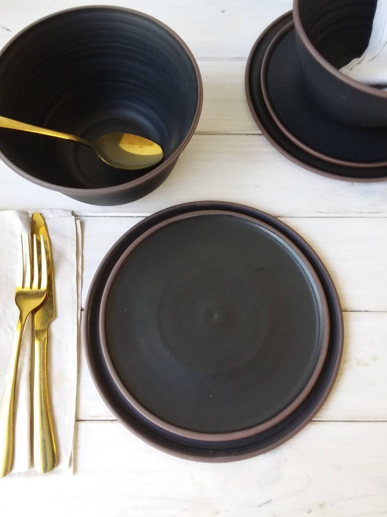 Black Stoneware Dinner Set, THREE PIECE Terracotta Clay Dinner Set image 2