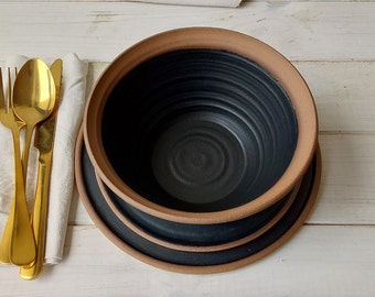 Black Stoneware Dinner Set, THREE PIECE Tan and Black Ceramic Dinner Set