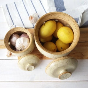 Large or Small Ceramic Garlic or Onion Keeper, Mustard and Beige or Yellow Colored Speckled Potato or Onion Storage Container