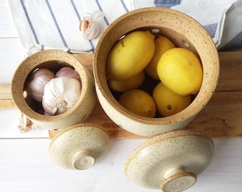 Large or Small Ceramic Garlic or Onion Keeper, Mustard and Beige Colored Speckled Potato or Onion Storage Container