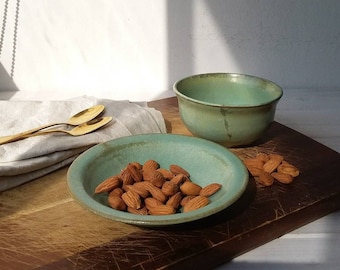 SET OF Small Green Pottery Bowl and Plate, Ceramic Snack Set, Green Ceramic Set