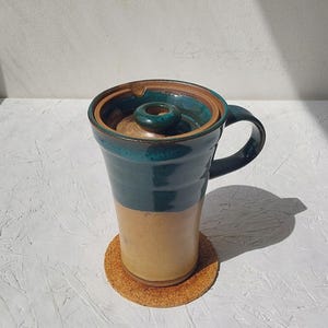 10 fl. oz. Tall Ceramic Travel Mug, 300 ml Beige and Teal Travel Mug With Ceramic Lid and Handle