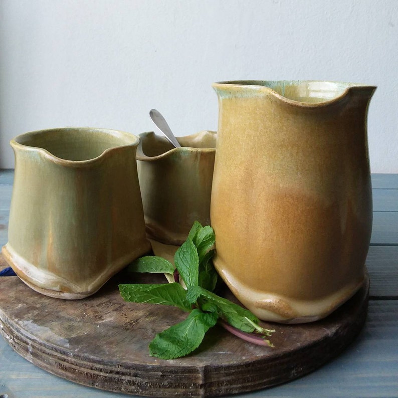 Pottery Creamer Set, Cream And Sugar Set, Coffee Set, Milk And Sugar Set, Green Sugar Bowl Set, Pottery Wedding Gift, Brown Creamer Set image 3