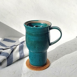13.5 fl. oz. or 17 fl. oz. Tall Teal Ceramic Travel Mug, 400 ml or 500 ml Large Dark Turquoise Travel Mug With Ceramic Lid and Handle