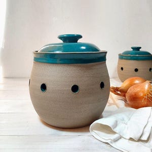 Large or Small Ceramic Garlic or Onion Keeper, Turquoise & Gray Potato or Onion Storage Container, Teal Storage Jar