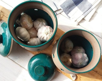 Large Ceramic Garlic or Onion Keeper, Turquoise & Gray Potato or Onion Storage Container