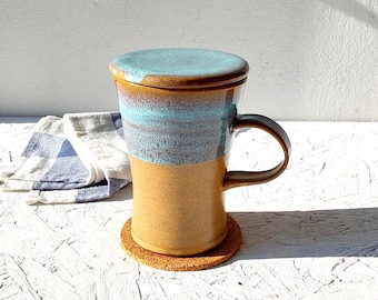 400 ml Blue Ceramic Mug with Lid, 13.5 Fl. Oz. Tall Pottery Cup, Modern Blue and Beige Tea Mug, Brown Ceramic Mug